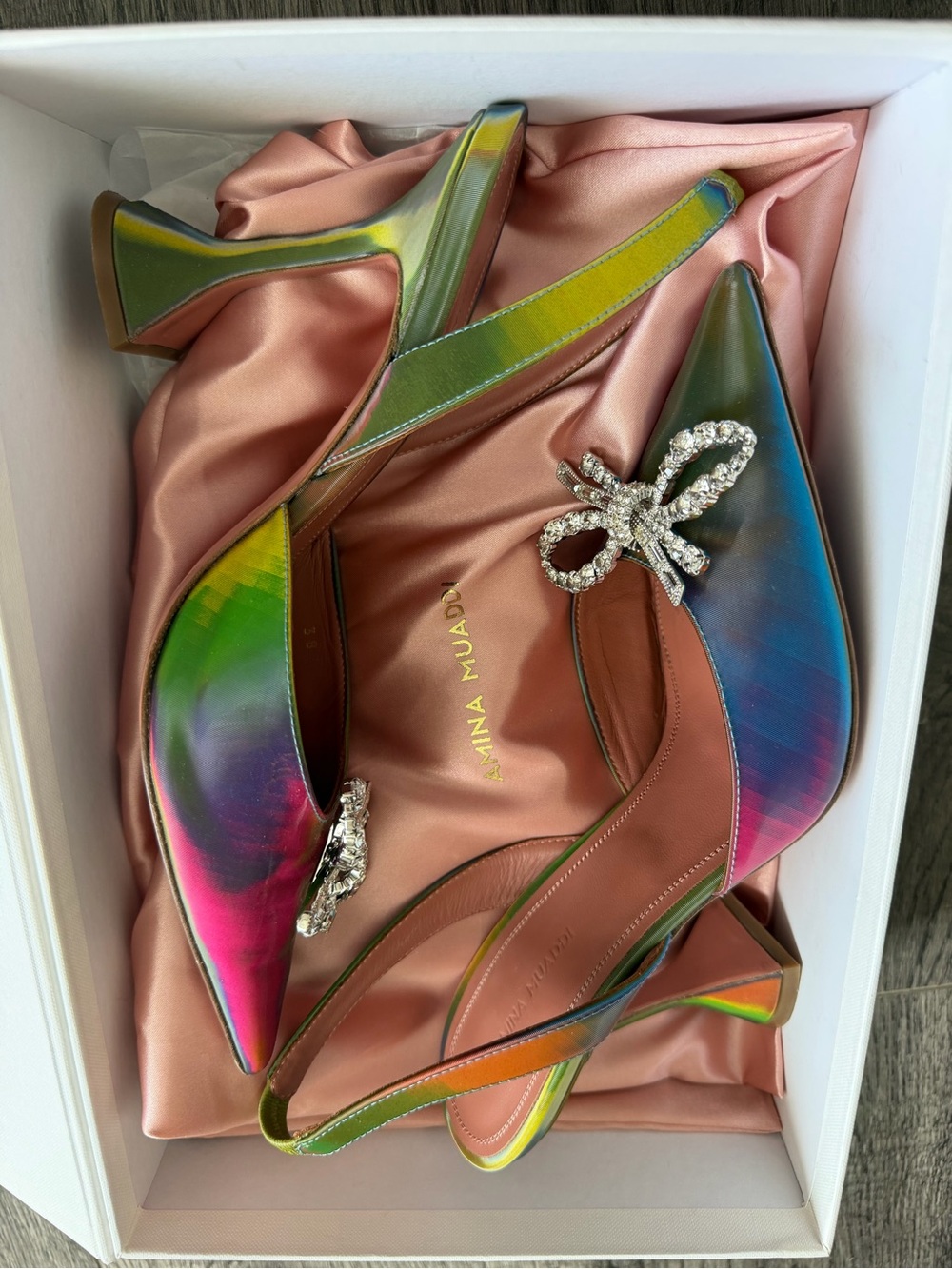 Amina Muaddi Rosie Sling Iridescent Crystal Bow Pumps – Size 38 – $1,140 Retail